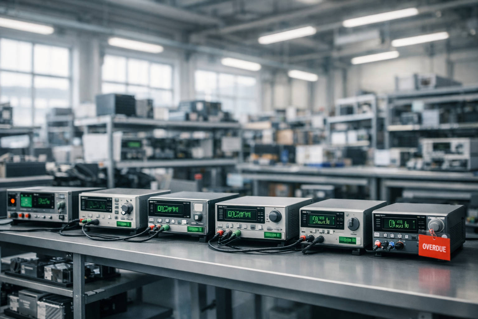 Norwegian electronics manufacturing test bench — row of instruments with green calibration labels, one instrument with red OVERDUE tag at the far right