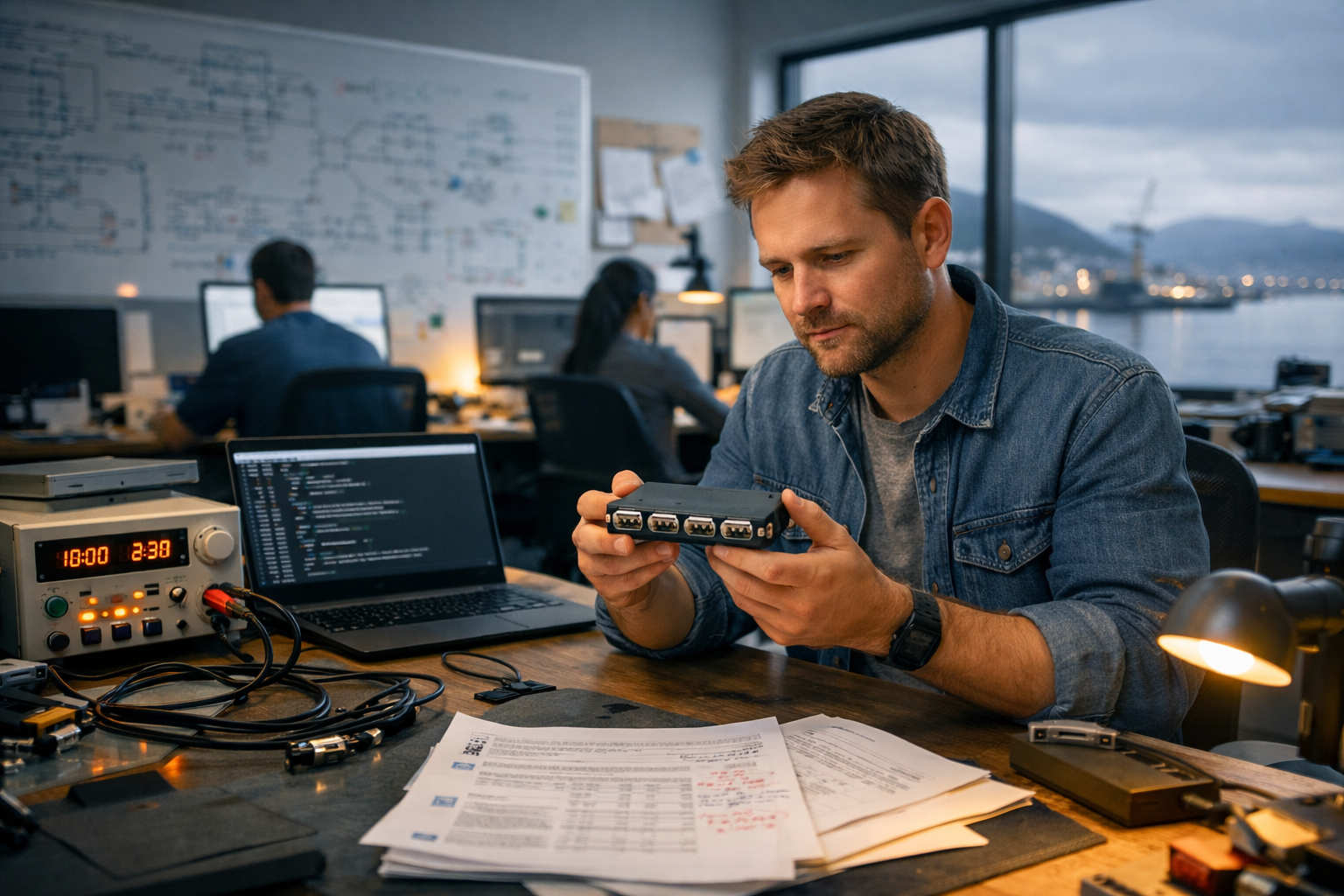 Engineer examining a four-port NMEA multiplexer at a test bench, colleagues working behind, Norwegian harbour visible through the window