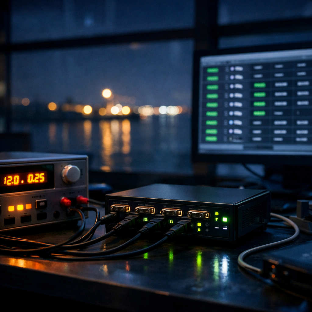 NMEA multiplexer on a test bench at night — harbour lights through the window, PSU and green status LEDs visible